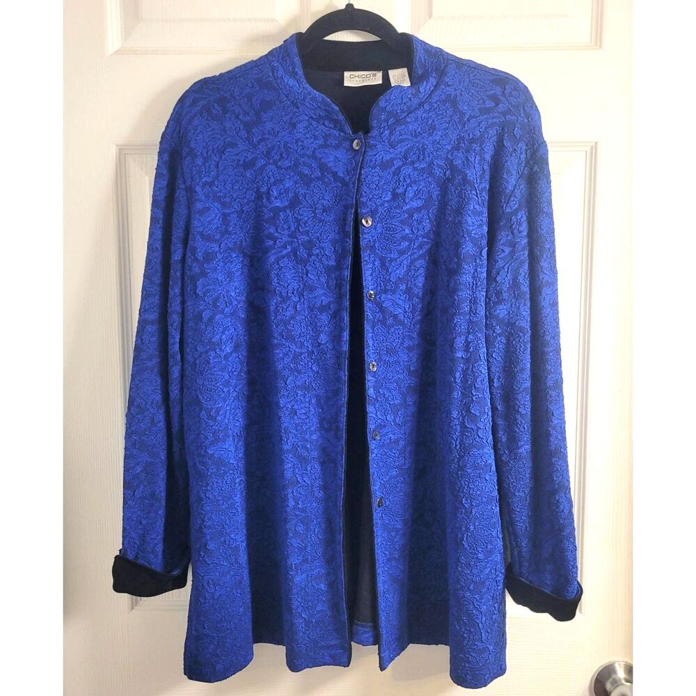 Chicos Travelers Size 3 XL Royal Blue Black Floral Jacquard Jacket Artsy 90s